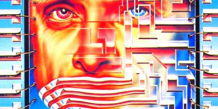 Portada de i have no mouth, and i must scream: un rostro humano fundiéndose con circuitos