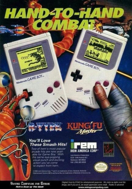 Anuncio de la game boy con dos consolas mostrando r-type y kung fu master