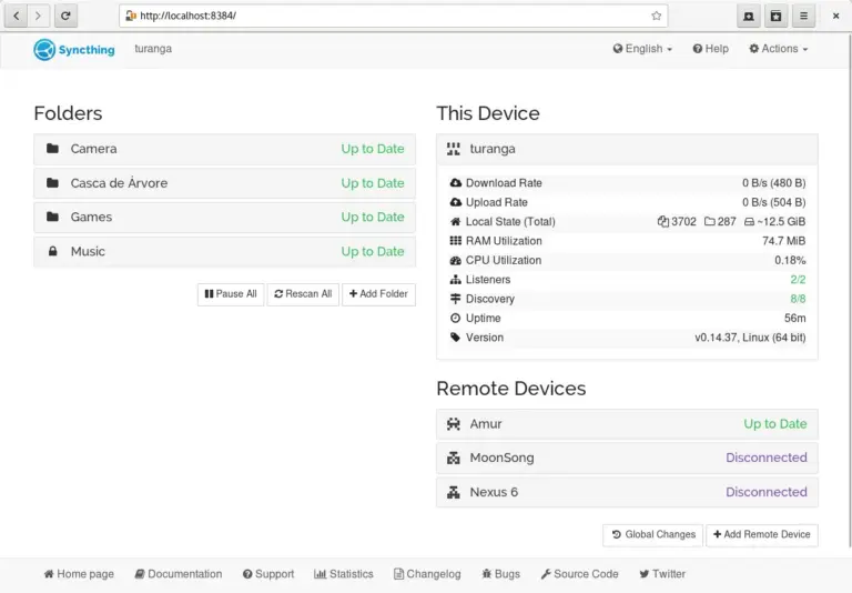 Interfaz web de Syncthing con carpetas y dispositivos
