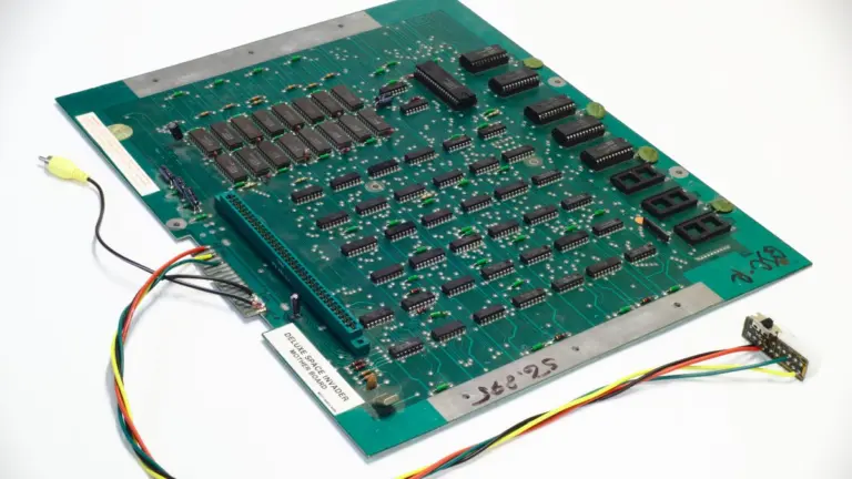 Placa de circuito original de Space Invaders Deluxe, con sus chips a la vista