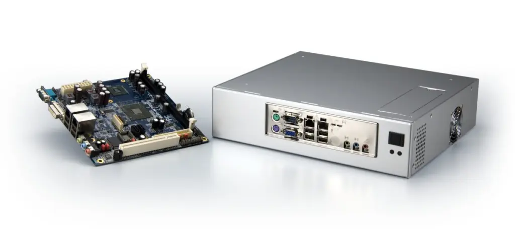 This is the AMOS 1000 chassis for Mini-ITX boards, featured standing next to a Mini-ITX board.