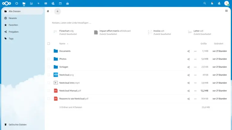Gestor de archivos de Nextcloud en el navegador, con carpetas y documentos