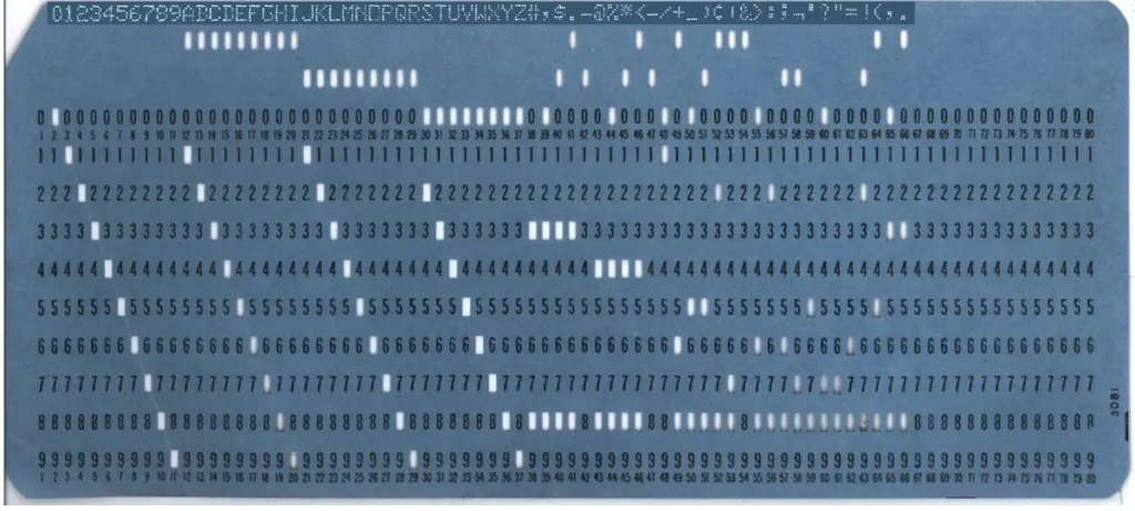 An IBM 5081-style punched card showing the encoding of the 1964 EBCDIC Latin character set, including numerals