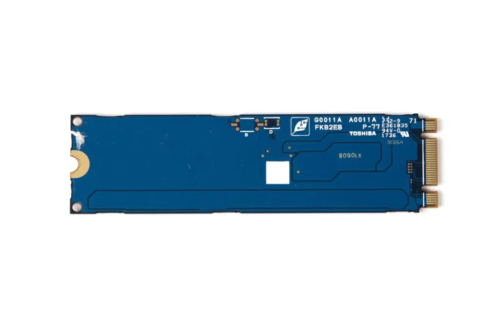 Back of a Toshiba M2 SSD with 256 GB (SATA with M+B keying)