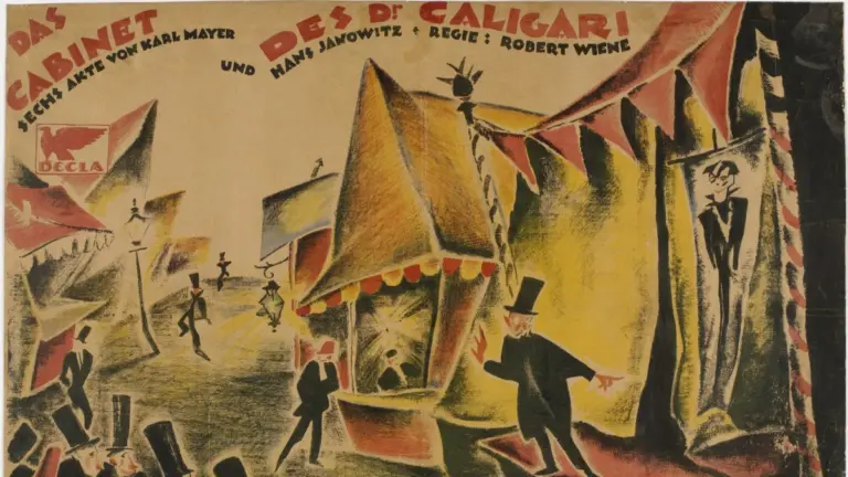 Cartel litografiado de 1919 de Das Cabinet des Dr. Caligari, con una barraca de feria deformada