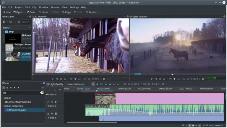 Interfaz de Kdenlive con la línea de tiempo y el monitor de proyecto