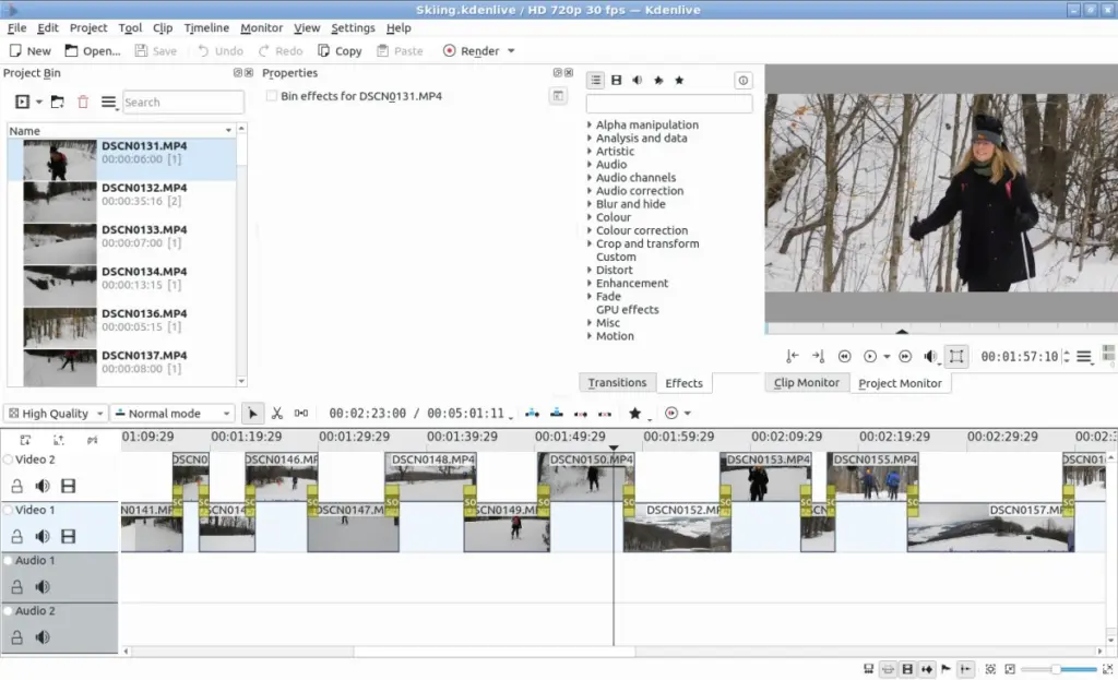 The Kdenlive 17.12.3 video editor user interface.