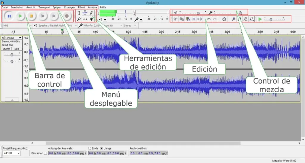 Secciones importantes de la pantalla de trabajo de Audacity 2.0.3