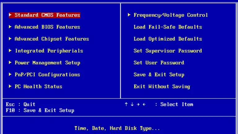 Pantalla de configuración de una BIOS clásica de Award, en azul