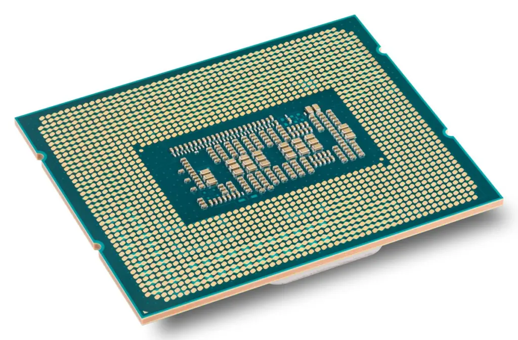 Perspective view of an Intel central processing unit Core i7 Alder Lake type core, model 12700K, launched in 2