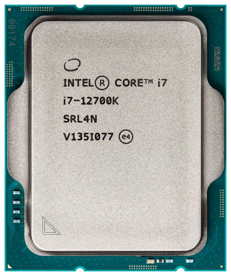 Top view of an Intel central processing unit Core i7 Alder Lake type core, model 12700K, launched in 2021. LGA