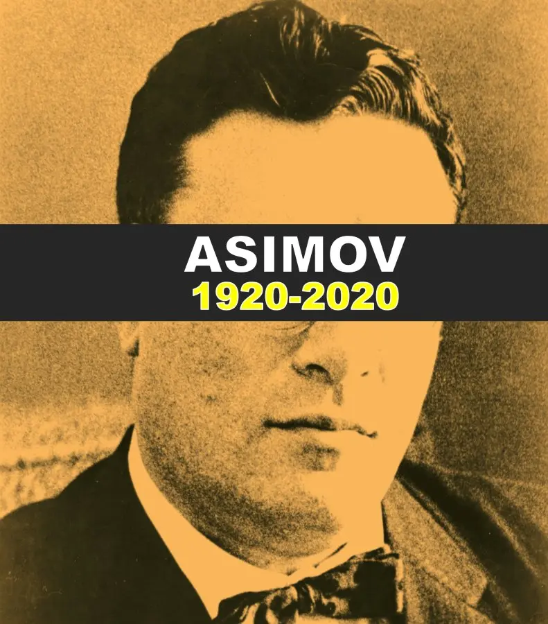 Cartel del centenario de Isaac Asimov, con su retrato