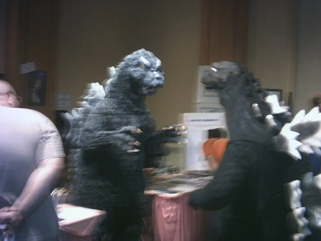 Dos trajes de Godzilla de épocas distintas, uno al lado del otro