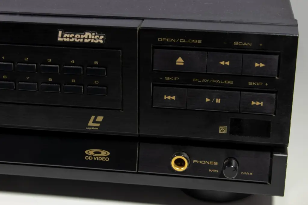 A Pioneer CLD-1030 Laserdisc player, from 1988 or 1989. Close up of the buttons and controls for the player/de