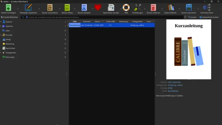 Biblioteca de Calibre en Windows 11, con la lista de libros y la ficha de uno de ellos