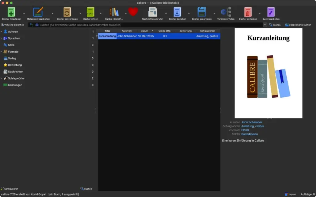 Screenshot of the Calibre library version 7.26 running on macOS Sequoia, using the German language interface.