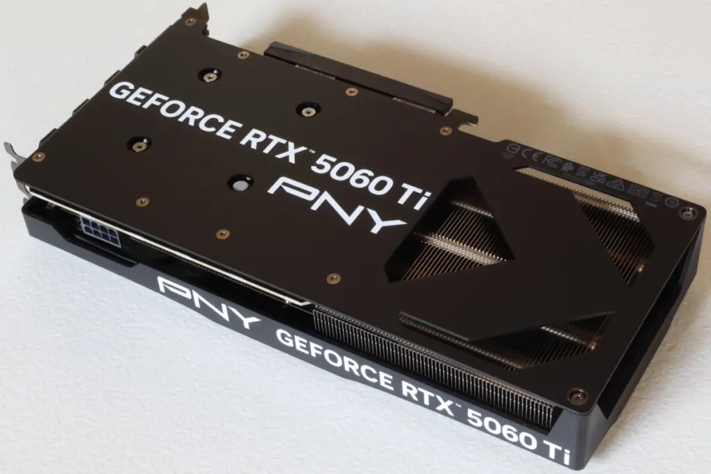 The rear side of a PNY NVIDIA GeForce RTX 5060 Ti Overclocked Dual Fan 16GB GDDR7 PCIe 5.0 Graphics Card. See