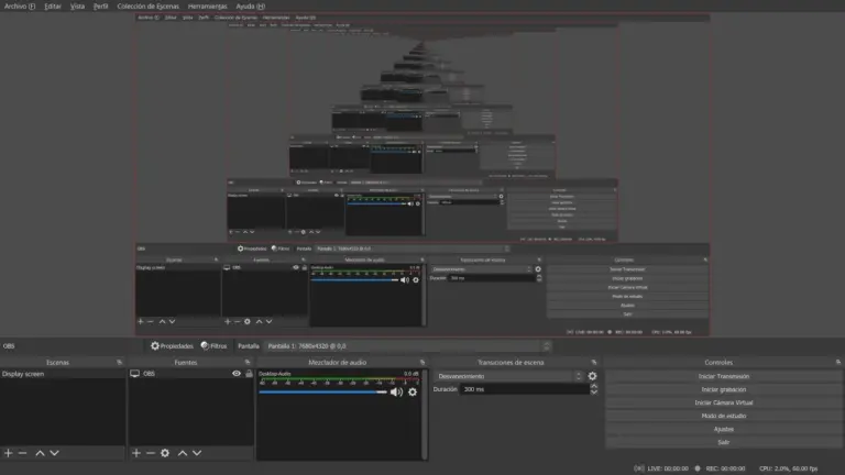 Interfaz de OBS Studio en español, con la lista de escenas y fuentes